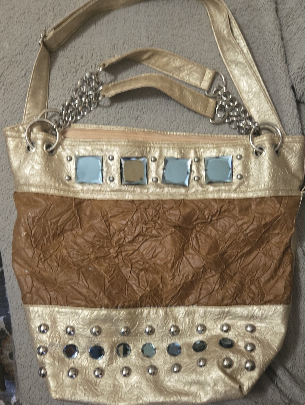 Large Metallic Gold and Brown Studded Tote Bag with  Gem Accents